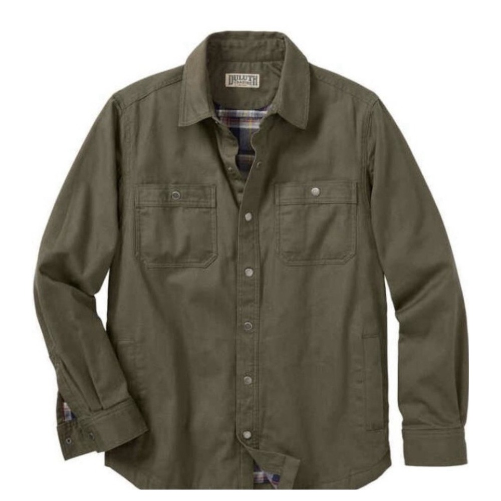 Duluth Trading Co Fire Hose Shirt Jacket Mens large Olive Green Flannel Lined